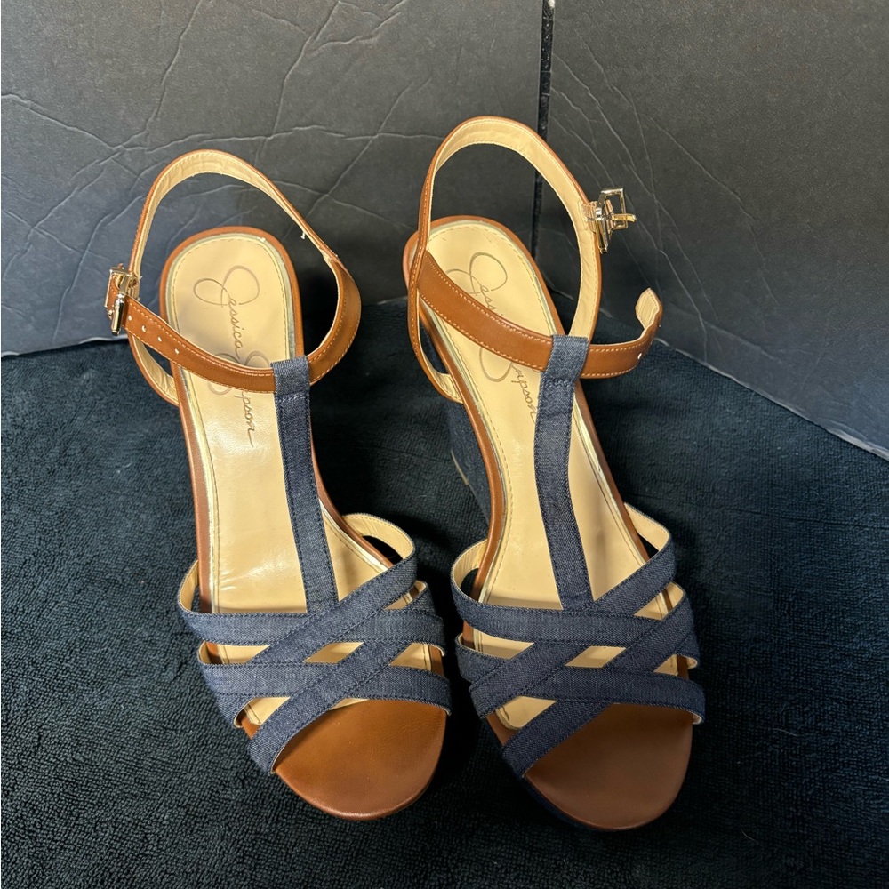 Jessica Simpson Denim Wedge Sandal T-Strap Size 10M EUC